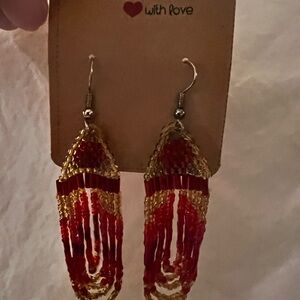 Handcrafted Red and Gold Beaded Earrings